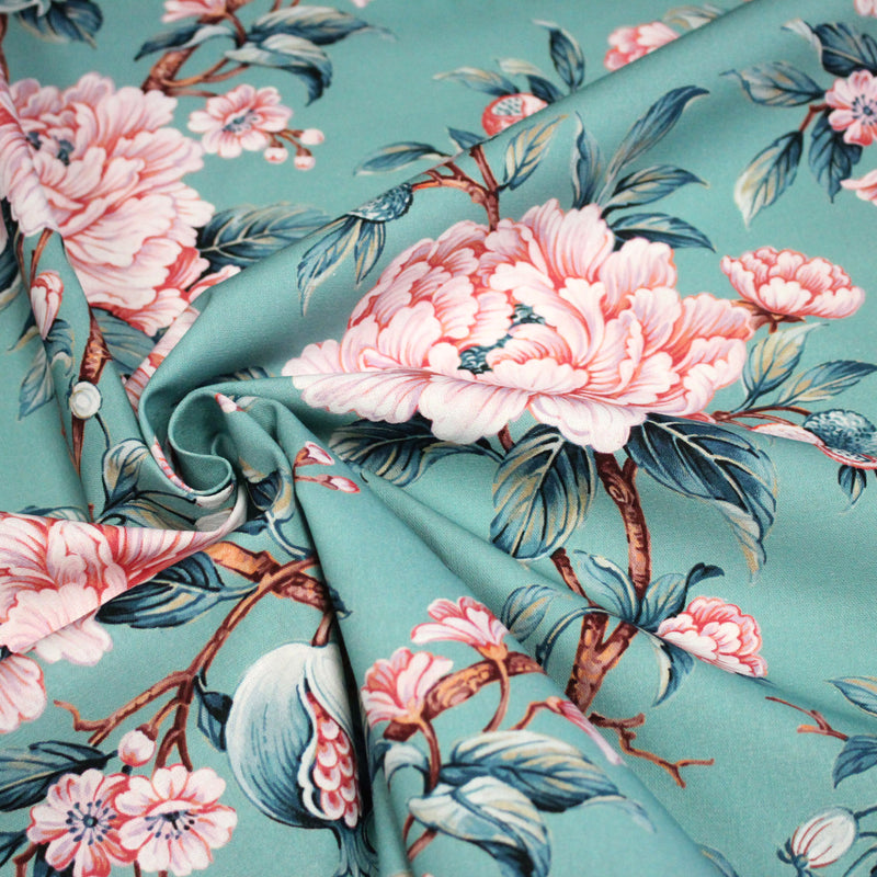 Tissu coton demi - natté INDIENNES FLEURIES : bleu ou blanc cassé - OEKO - TEX - tissuspipi.com