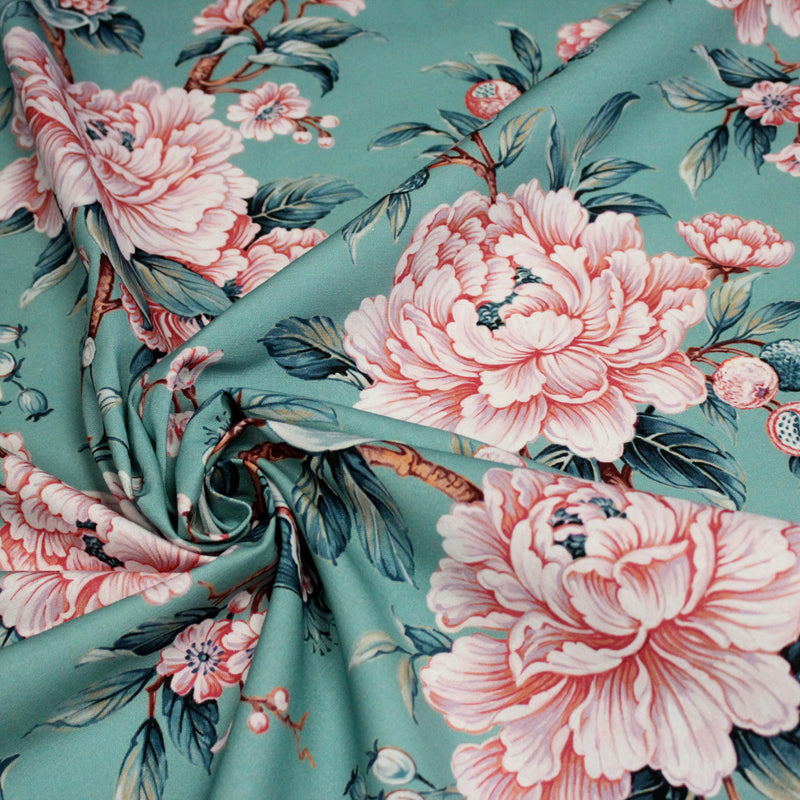 Tissu coton demi - natté INDIENNES FLEURIES : bleu ou blanc cassé - OEKO - TEX - tissuspipi.com