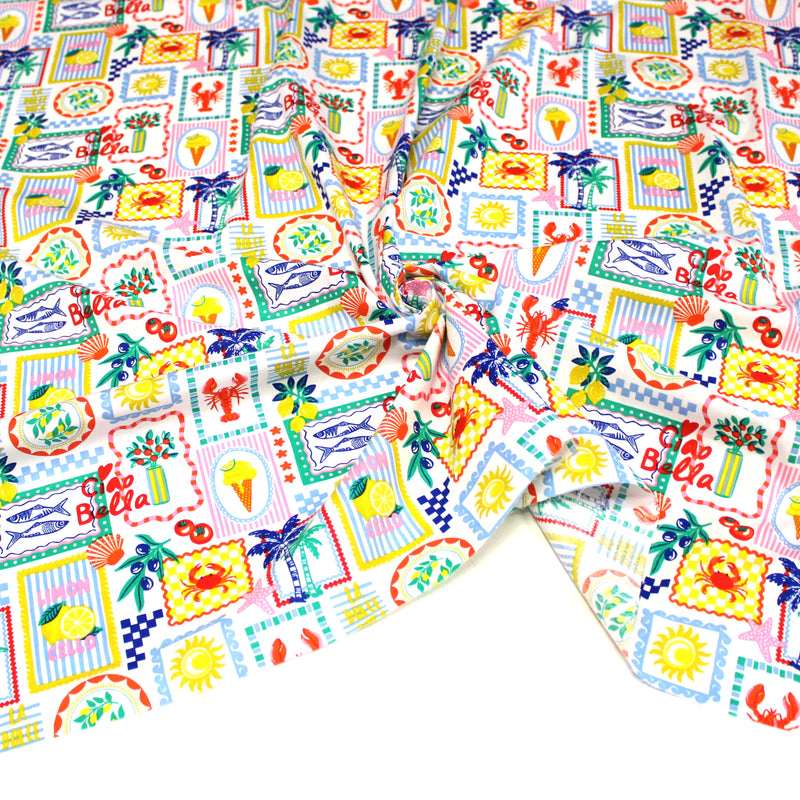 Tissu cotonnade Citrons, glaces, crabes et homards : fond noir ou blanc - COLLECTION SICILIA - OEKO-TEX STANDARD 100