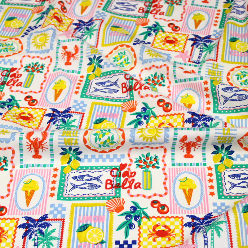 Tissu cotonnade Citrons, glaces, crabes et homards : fond noir ou blanc - COLLECTION SICILIA - OEKO-TEX STANDARD 100