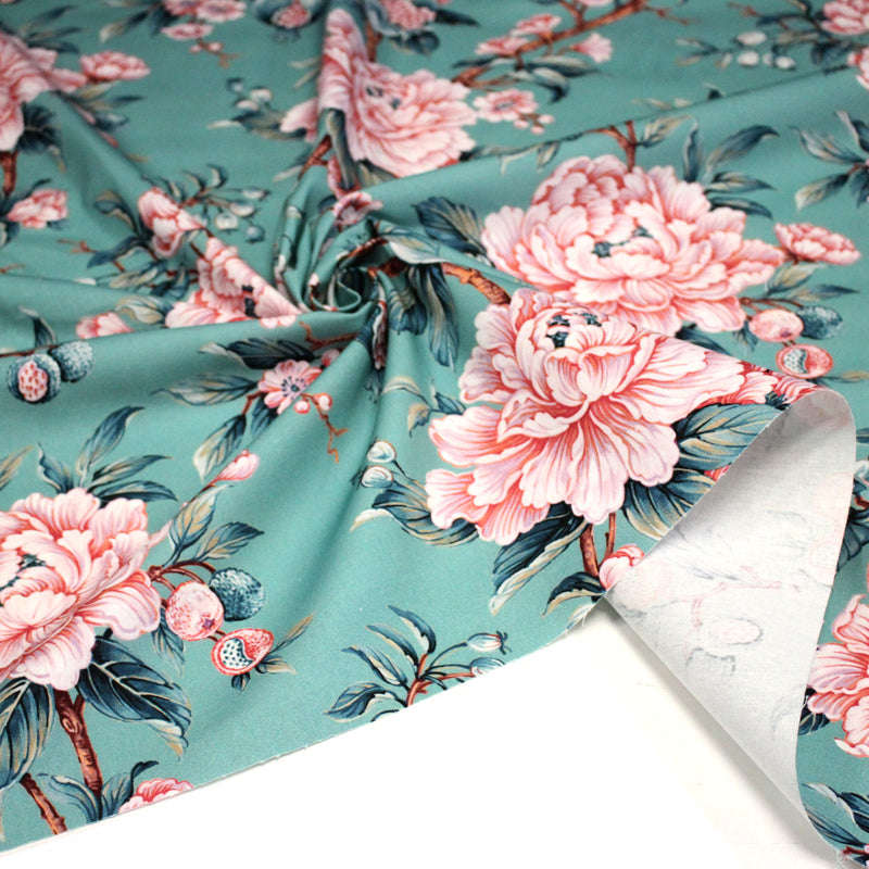 Tissu coton demi - natté INDIENNES FLEURIES : bleu ou blanc cassé - OEKO - TEX - tissuspipi.com