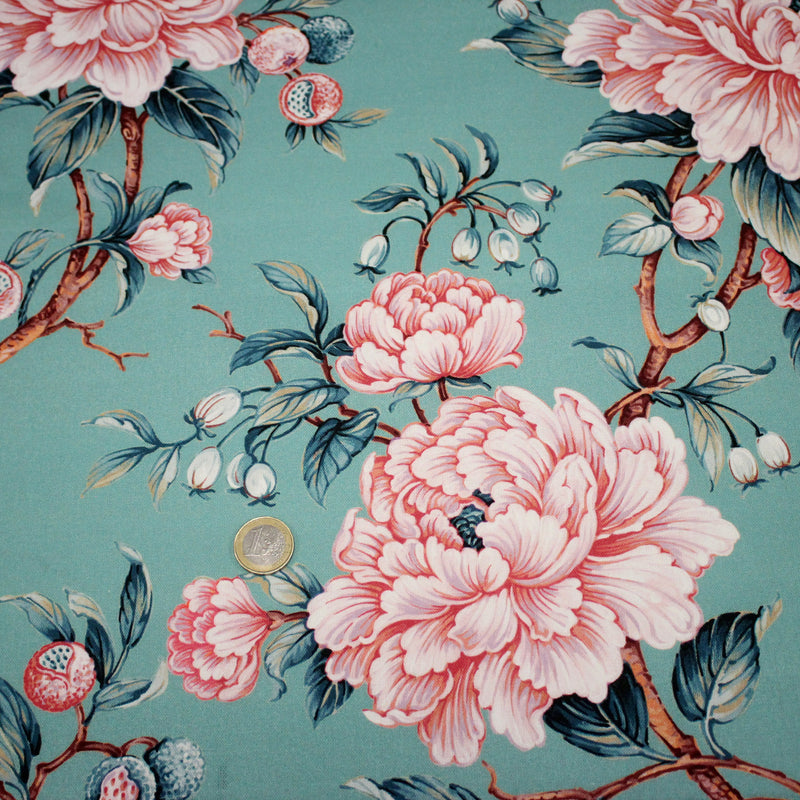 Tissu coton demi - natté INDIENNES FLEURIES : bleu ou blanc cassé - OEKO - TEX - tissuspipi.com