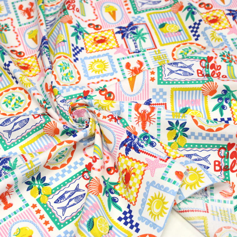Tissu cotonnade Citrons, glaces, crabes et homards : fond noir ou blanc - COLLECTION SICILIA - OEKO-TEX STANDARD 100