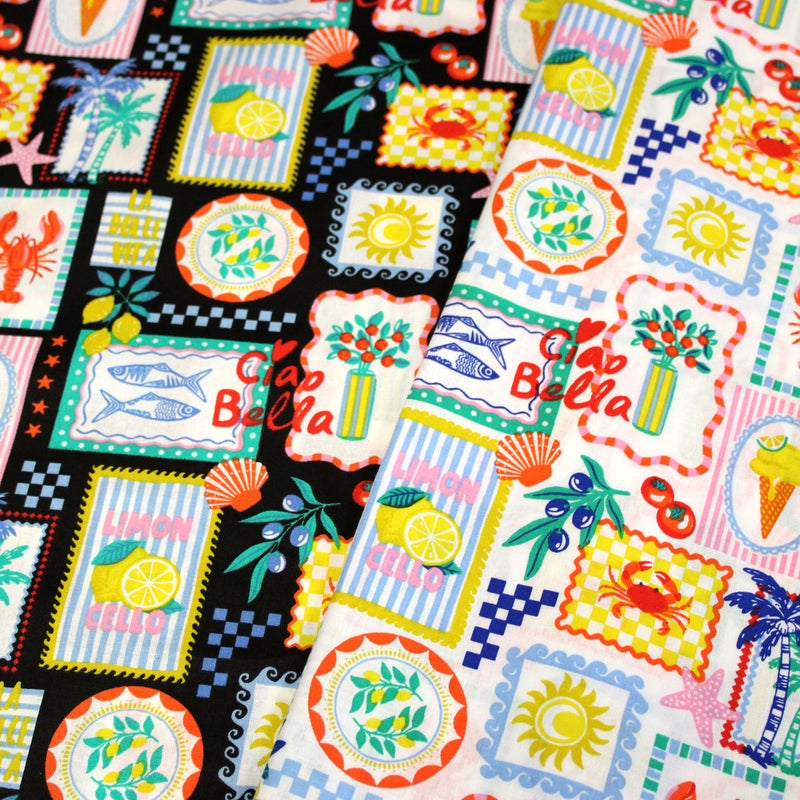 Tissu cotonnade Citrons, glaces, crabes et homards : fond noir ou blanc - COLLECTION SICILIA - OEKO-TEX STANDARD 100