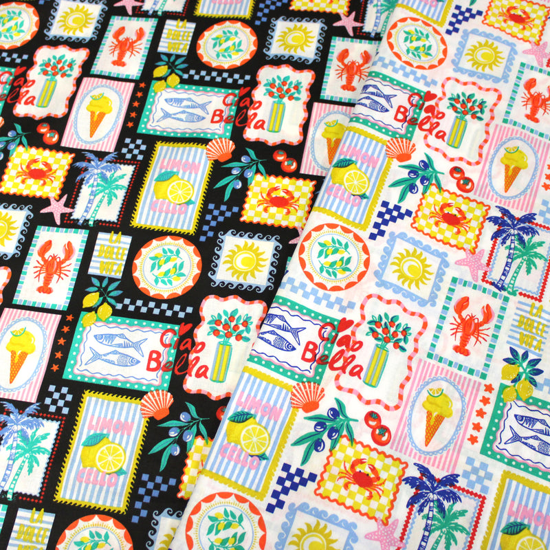 Tissu cotonnade Citrons, glaces, crabes et homards : fond noir ou blanc - COLLECTION SICILIA - OEKO-TEX STANDARD 100