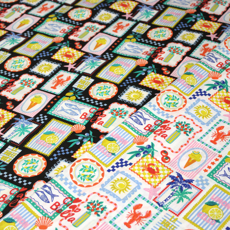 Tissu cotonnade Citrons, glaces, crabes et homards : fond noir ou blanc - COLLECTION SICILIA - OEKO-TEX STANDARD 100