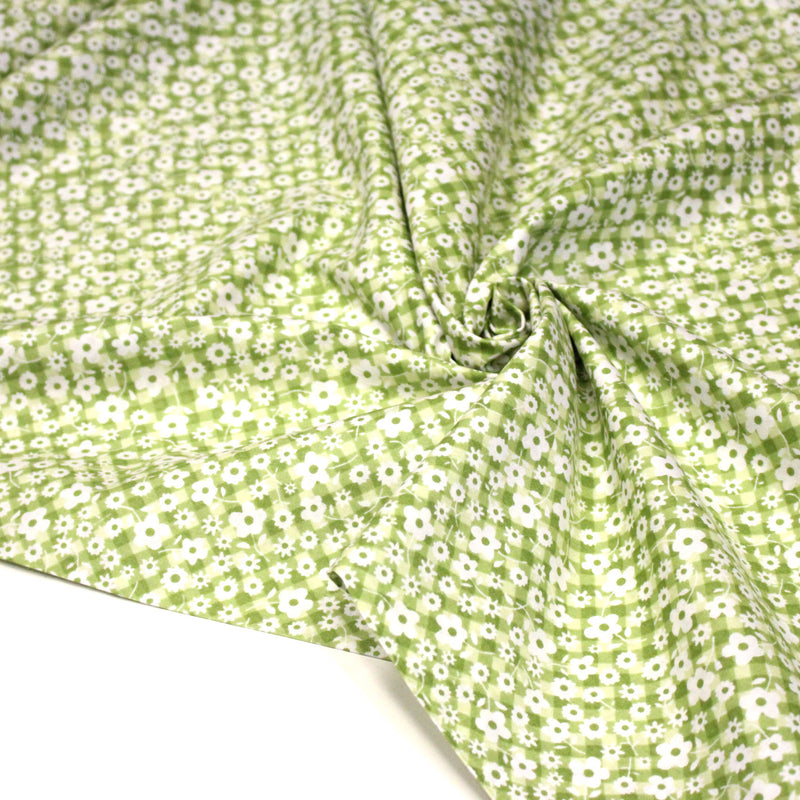 Tissu cotonnade CHARLINE : Vichy vert blanc et petites fleurs vertes - tissuspipi.com