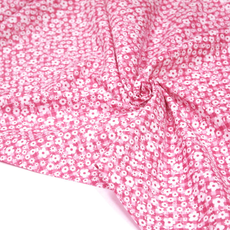 Tissu cotonnade CHARLINE : Vichy rose blanc et petites fleurs roses - tissuspipi.com
