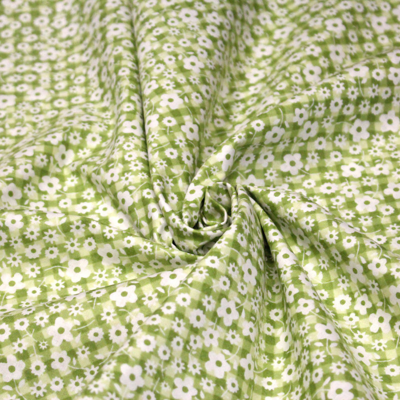 Tissu cotonnade CHARLINE : Vichy vert blanc et petites fleurs vertes - tissuspipi.com