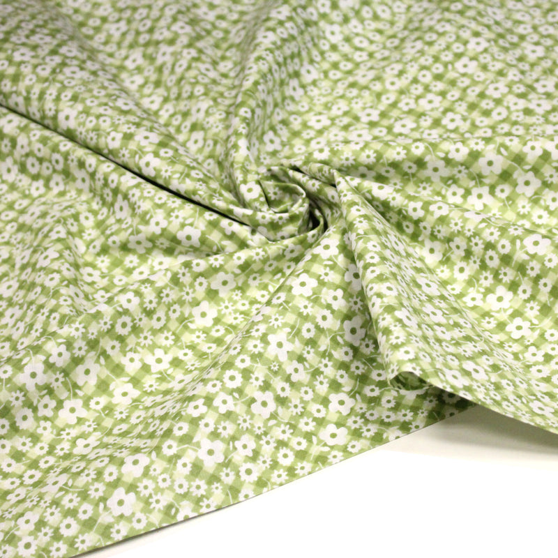 Tissu cotonnade CHARLINE : Vichy vert blanc et petites fleurs vertes - tissuspipi.com