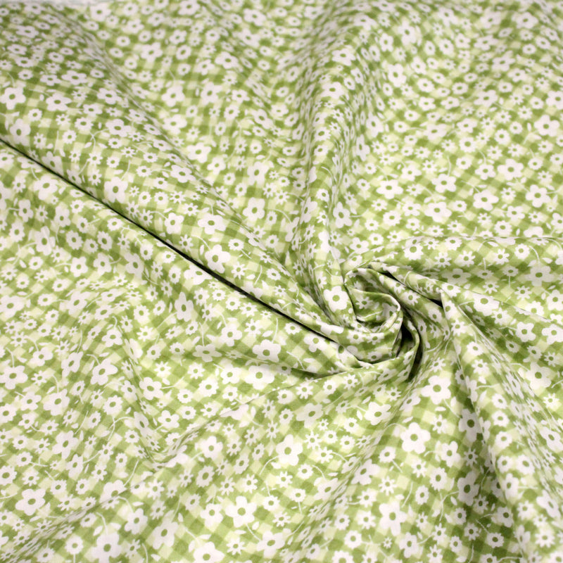 Tissu cotonnade CHARLINE : Vichy vert blanc et petites fleurs vertes - tissuspipi.com