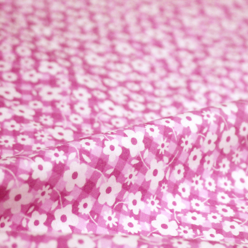Tissu cotonnade CHARLINE : Vichy rose blanc et petites fleurs roses - tissuspipi.com