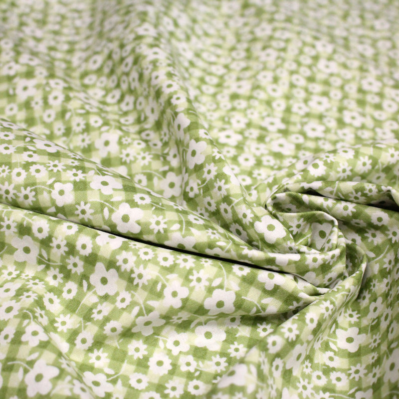 Tissu cotonnade CHARLINE : Vichy vert blanc et petites fleurs vertes - tissuspipi.com