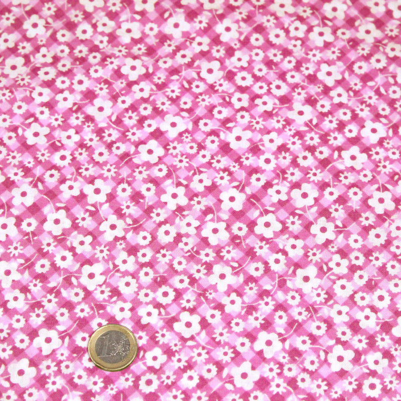 Tissu cotonnade CHARLINE : Vichy rose blanc et petites fleurs roses - tissuspipi.com