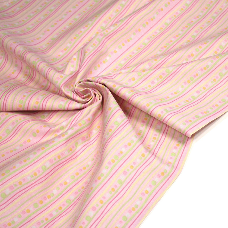 Tissu cotonnade rose aux pois et lignes vertes, jaunes et roses - COLLECTION BABY WELCOME - tissuspipi.com