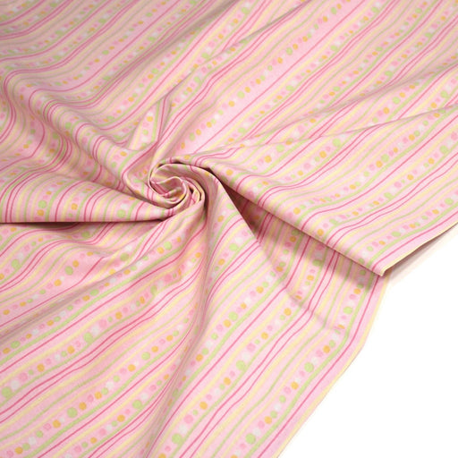 Tissu cotonnade rose aux pois et lignes vertes, jaunes et roses - COLLECTION BABY WELCOME - tissuspipi.com
