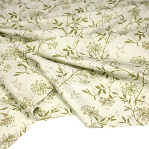 Tissu faux uni fleuri écru vert, aux fleurs et tiges vertes - tissuspipi.com