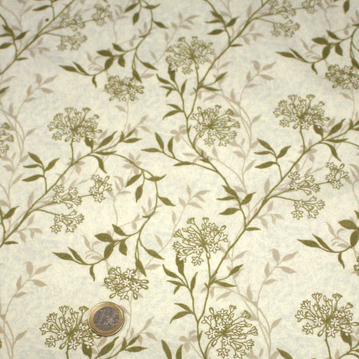 Tissu faux uni fleuri écru vert, aux fleurs et tiges vertes - tissuspipi.com