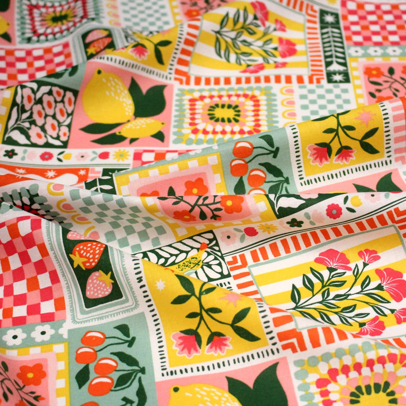 Tissu cotonnade CITRONS, FRUITS ET VICHY MULTICO - COLLECTION SICILIA - OEKO - TEX STANDARD 100 - tissuspipi.com