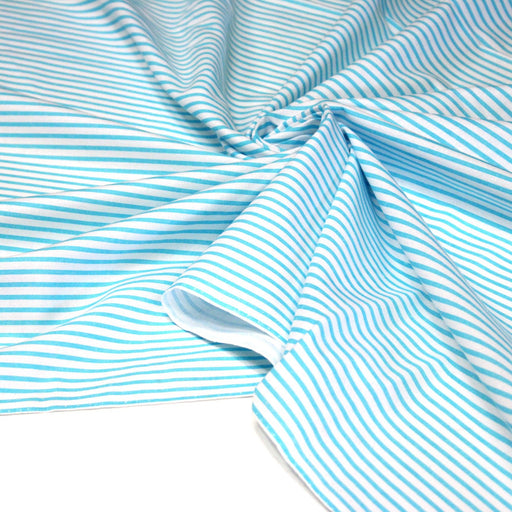 Tissu cotonnade rayée : blanc & rayures bleu turquoise - tissuspipi.com