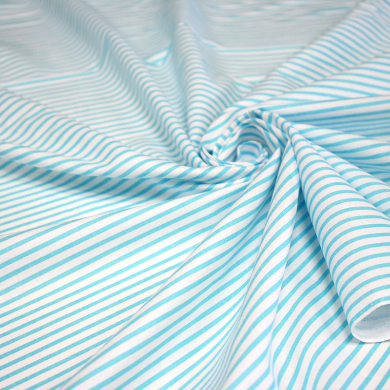 Tissu cotonnade rayée : blanc & rayures bleu turquoise - tissuspipi.com