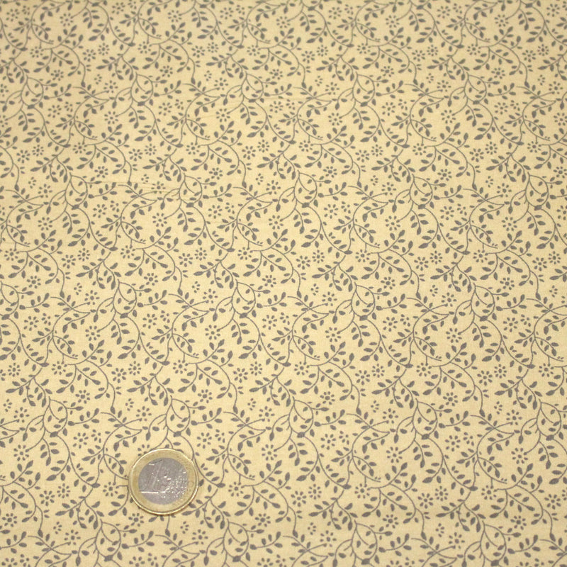 Tissu cotonnade BAMBURGH aux fines fleurs grises, fond crème - tissuspipi.com