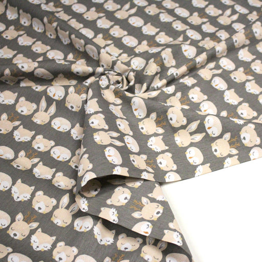 Tissu popeline coton KAWAI gris aux animaux crème - tissuspipi.com