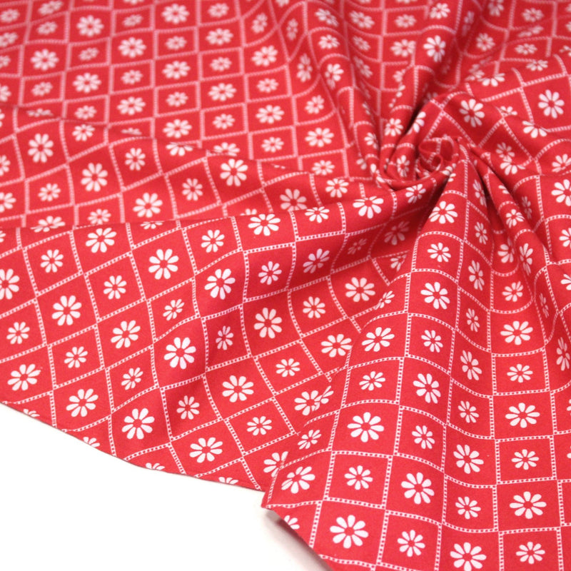 Tissu cotonnade rouge & blanc, liserés et fleurs géométriques - COLLECTION MESSINA - tissuspipi.com