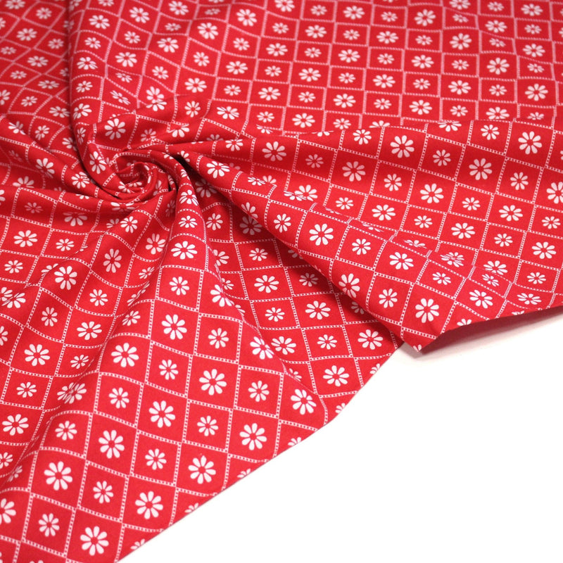 Tissu cotonnade rouge & blanc, liserés et fleurs géométriques - COLLECTION MESSINA - tissuspipi.com