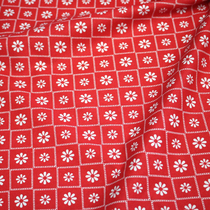 Tissu cotonnade rouge & blanc, liserés et fleurs géométriques - COLLECTION MESSINA - tissuspipi.com