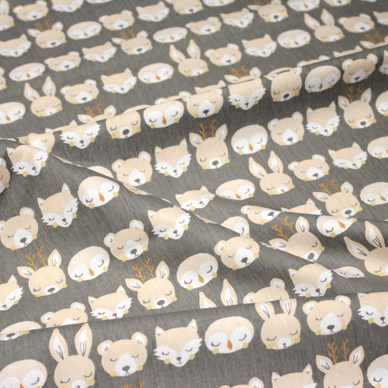 Tissu popeline coton KAWAI gris aux animaux crème - tissuspipi.com