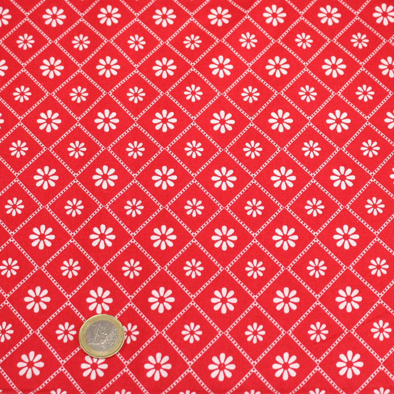 Tissu cotonnade rouge & blanc, liserés et fleurs géométriques - COLLECTION MESSINA - tissuspipi.com
