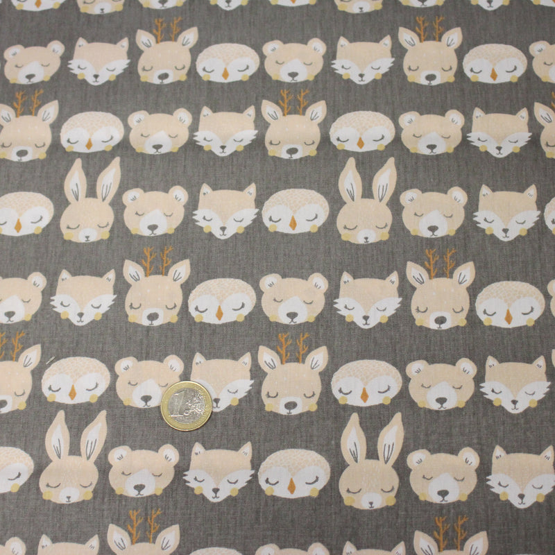 Tissu popeline coton KAWAI gris aux animaux crème - tissuspipi.com