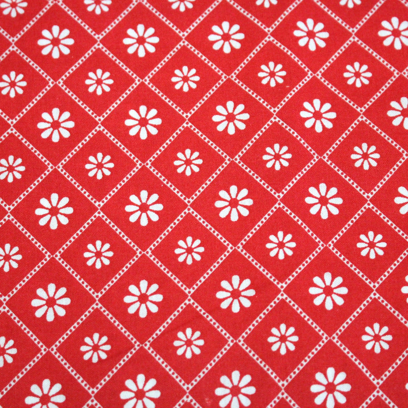 Tissu cotonnade rouge & blanc, liserés et fleurs géométriques - COLLECTION MESSINA - tissuspipi.com