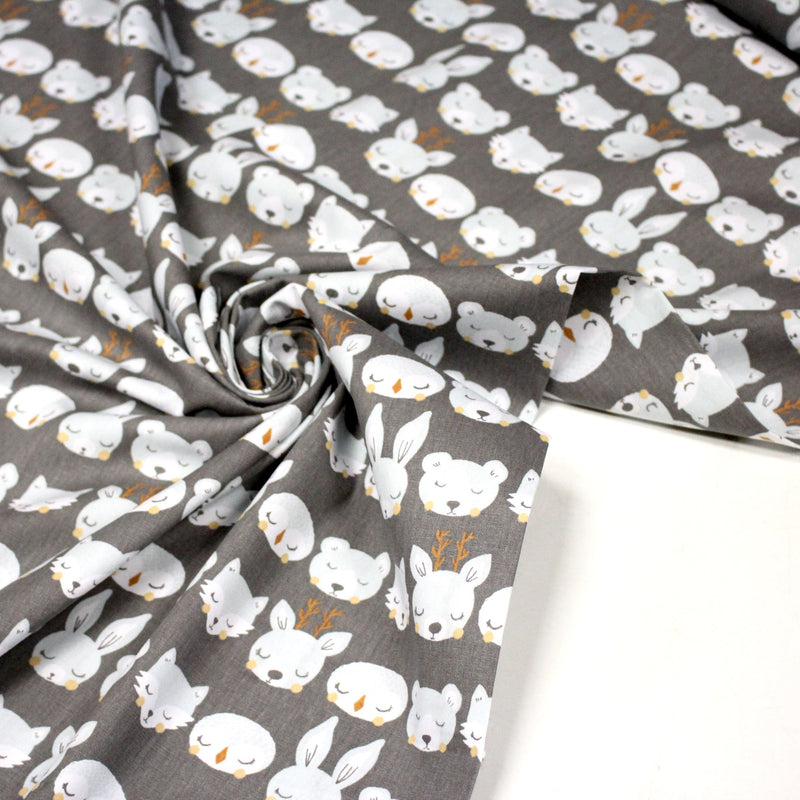 Tissu popeline coton KAWAI gris aux animaux bleu ciel - tissuspipi.com