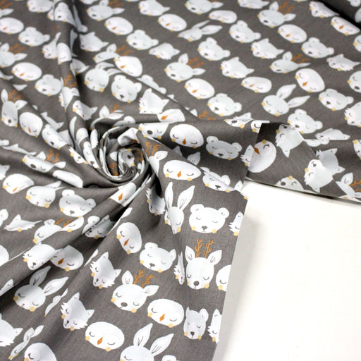 Tissu popeline coton KAWAI gris aux animaux bleu ciel - tissuspipi.com