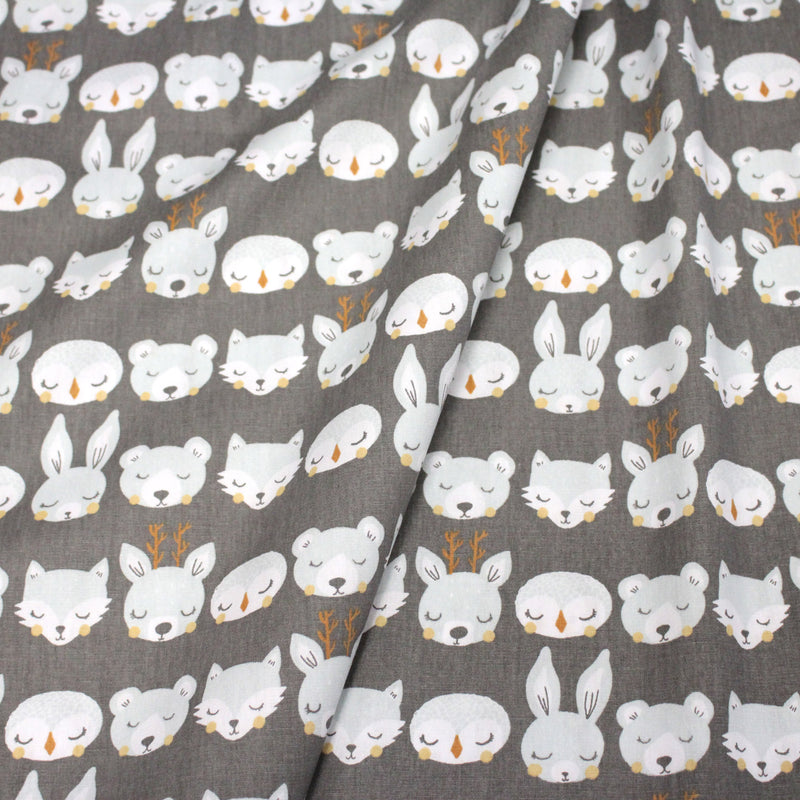 Tissu popeline coton KAWAI gris aux animaux bleu ciel - tissuspipi.com