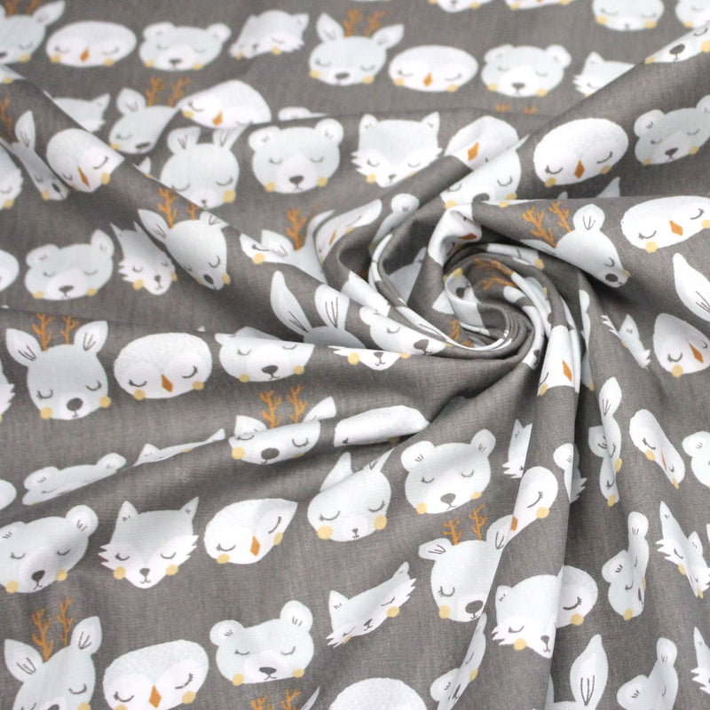 Tissu popeline coton KAWAI gris aux animaux bleu ciel - tissuspipi.com