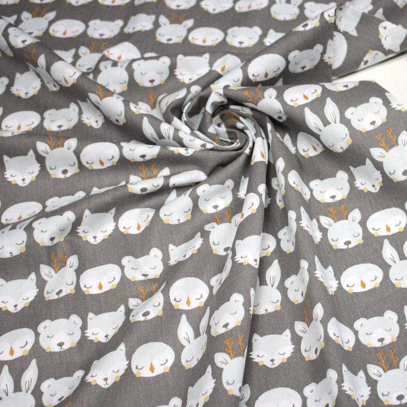 Tissu popeline coton KAWAI gris aux animaux bleu ciel - tissuspipi.com