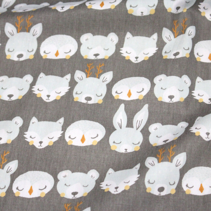 Tissu popeline coton KAWAI gris aux animaux bleu ciel - tissuspipi.com