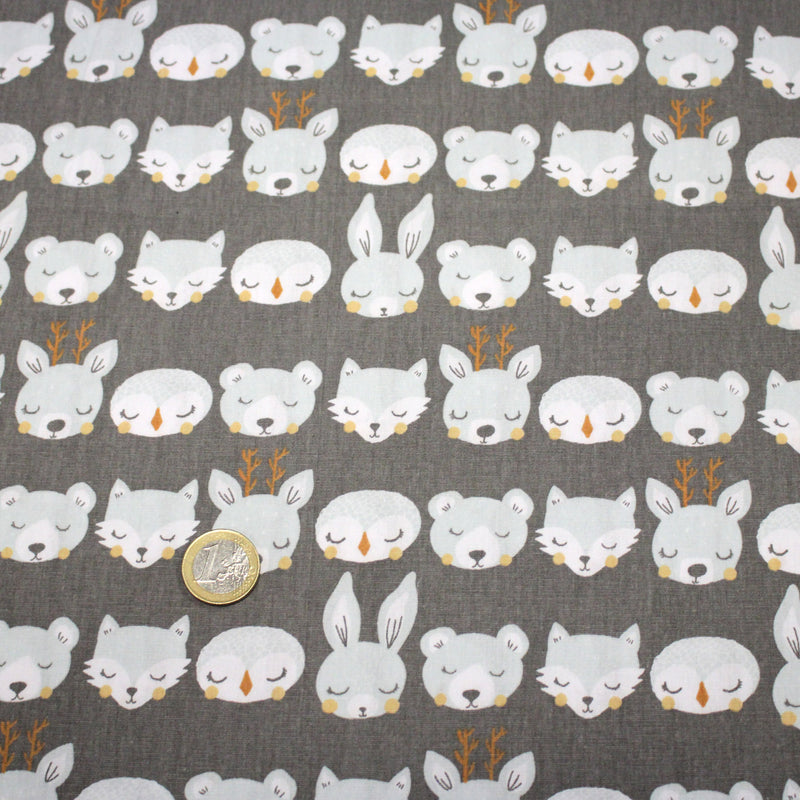 Tissu popeline coton KAWAI gris aux animaux bleu ciel - tissuspipi.com