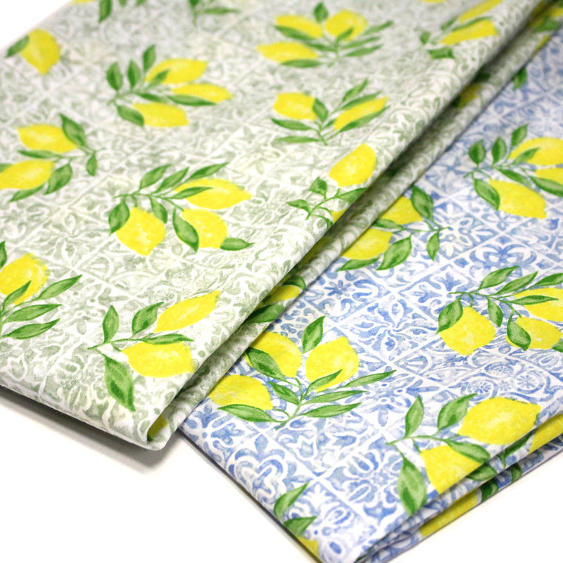 Tissu cotonnade Carreaux de faïence et citrons : tons verts ou bleus - COLLECTION SICILIA - OEKO - TEX STANDARD 100 - tissuspipi.com