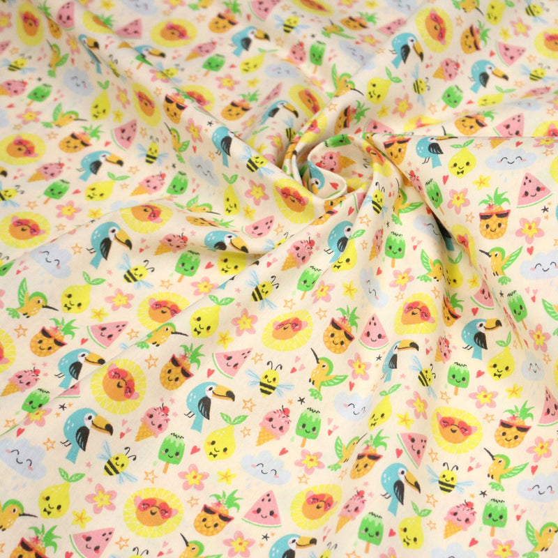 Tissu popeline coton ENFANT KAWAI aux animaux et fruits souriants - tissuspipi.com