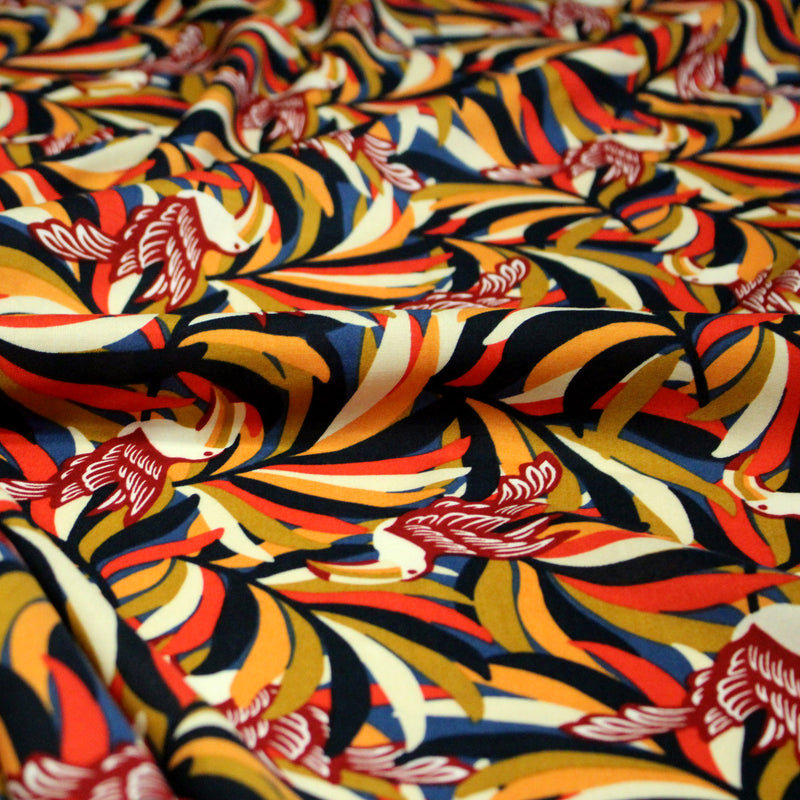 Tissu viscose fluide, motif floral & toucans : tons prune ou tons marine - OEKO - TEX STANDARD 100 - tissuspipi.com