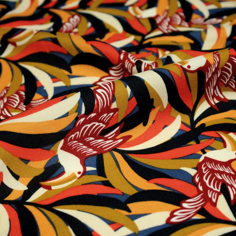 Tissu viscose fluide, motif floral & toucans : tons prune ou tons marine - OEKO - TEX STANDARD 100 - tissuspipi.com