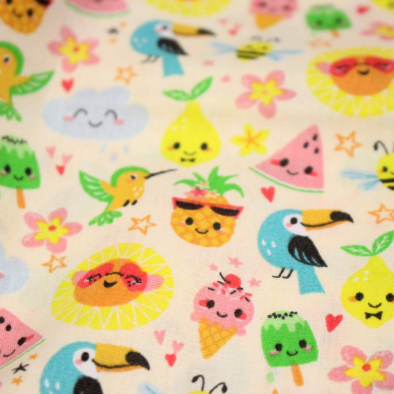 Tissu popeline coton ENFANT KAWAI aux animaux et fruits souriants - tissuspipi.com