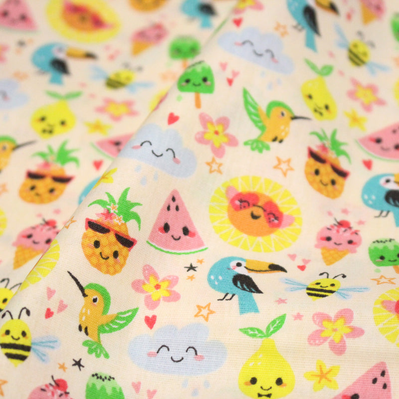 Tissu popeline coton ENFANT KAWAI aux animaux et fruits souriants - tissuspipi.com
