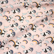 Tissu popeline coton ENFANT rose aux pandas endormis, arcs en ciel et nuages - tissuspipi.com