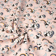 Tissu popeline coton ENFANT rose aux pandas endormis, arcs en ciel et nuages - tissuspipi.com