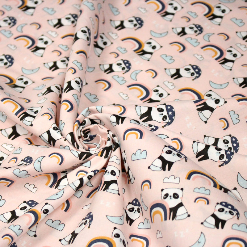 Tissu popeline coton ENFANT rose aux pandas endormis, arcs en ciel et nuages - tissuspipi.com